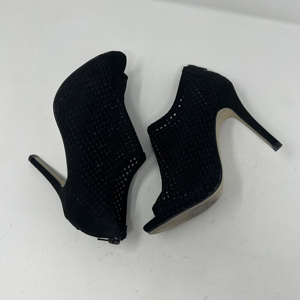 Madden Girl Size 5.5 Perforated Black Suede Open Toe Ankle Booties 4” Heel - Picture 3 of 6